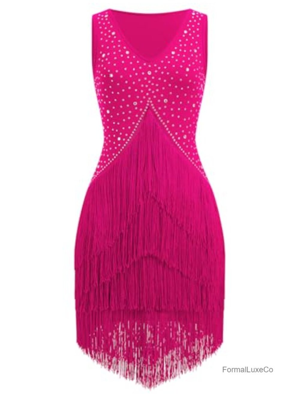 Latin Dance Dress Sleeveless V Neck Rhinestone Fringe Midi Ballroom